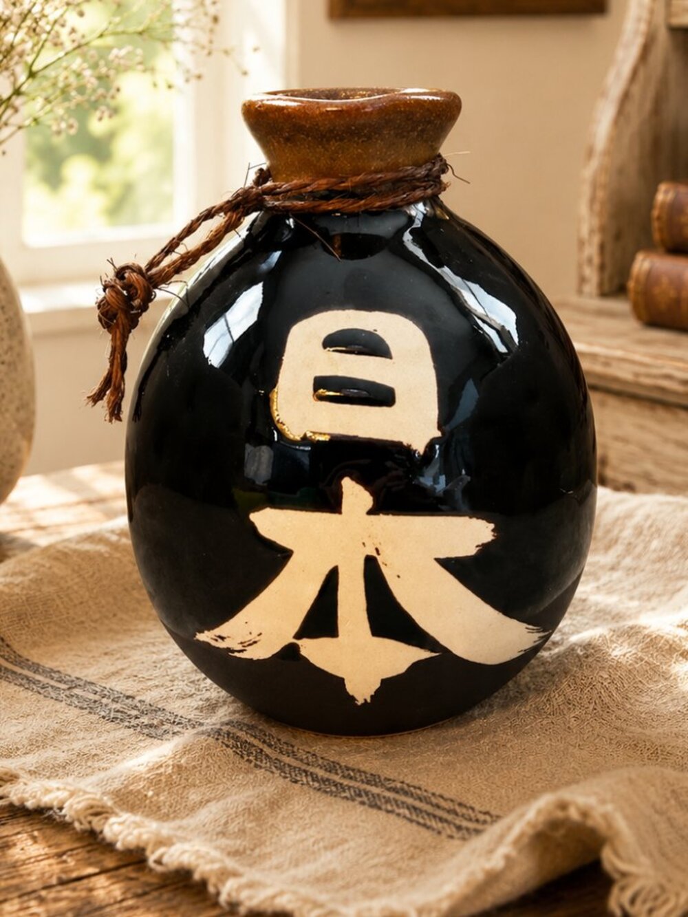 Vintage Japanese Ceramic Hand Painted Calligraphy Sake Bottle Bud Vase